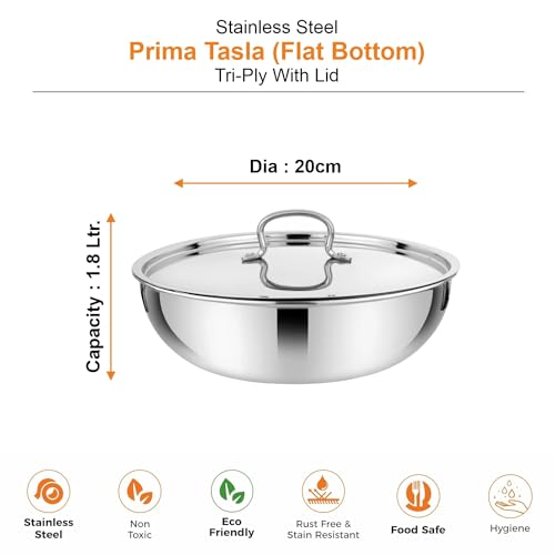 Image of Prabha Stainless Steel Prima Tasla with Flat Bottom, Included Lid, Tasla, 20cm, 1.8 L Capacity, Perfect for Kitchen Need, Induction and Gas Stove Compatible