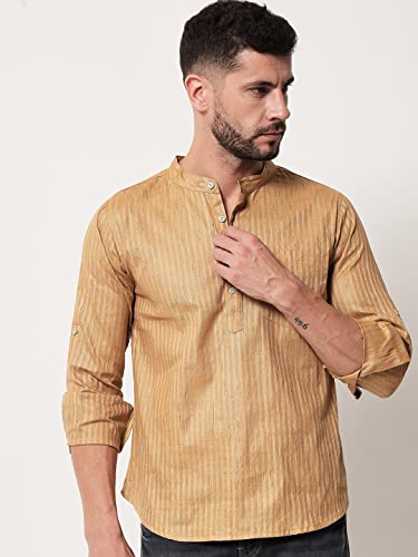 Image of Vastraa Fusion Men's Handloom Weaving Pure Cotton Short Kurta, Round Collar, Full Sleeves,Button Kurta, Ethnic Wear