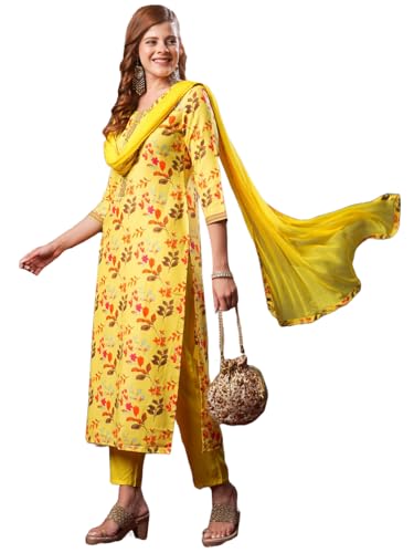 Image of GoSriKi Women's Cotton Blend Printed Straight Kurta and Pant with Dupatta Set