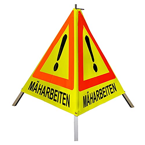 Warnpyramide/Faltsignal - MÄHARBEITEN - VZ101-Ausrufezeichen (2 - tagesleuchtend gelb, 70 cm leicht mit Mittelfuß)