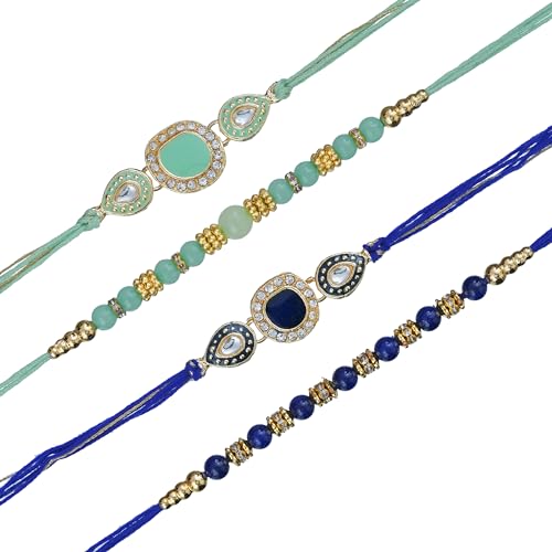 Image of eCraftIndia Set of 4 Multicolor Beads Kundan Designer Rakhis, Best Bro Ever Fridge Magnet with Roli Chawal Pack - Rakhis for Brother, Bhabhi, Kids