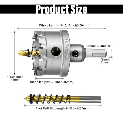 Image of SALI 1-15 /16 inch (49mm) TCT Hole Saw Kit Tungsten Carbide Tipped Hole Saw Drill Bit with Titanium-Plated Pilot Drill bit for Metal, Stainless Steel, Iron, Wood, Plastic