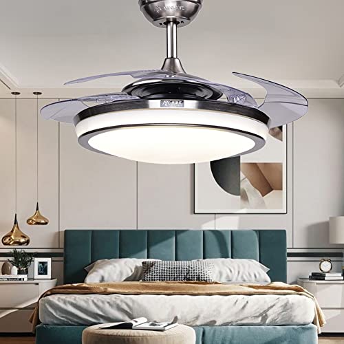 Fandian 44" Modern Ceiling Fan With Lights Remote Control Chandelier Fixture, 3 Lighting Changes Retractable Fandelier For Living Room Bedroom, Brush Chrome With Silent Motor #TOP4