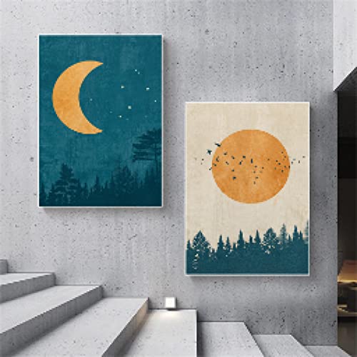 Affiche Boho Paysage Lune et Soleil dsdsgog, toile nordique 70x100cm pour décoration de chambre
