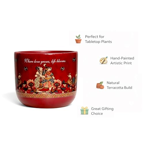 Image of Urban Plant Sahnayi Red 3D Terracotta Plant Pot | Hand-Painted Traditional Art Planter | Decorative Indoor Clay Pot with Drainage Hole | Tabletop Flower Pot for Home & Office Decor