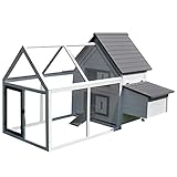 Gallinero Exterior Grande de 2 Niveles Hecho de Madera con Caja de Huevos Puerta Cómoda Espacio Amplio Bandeja Deslizante Limpieza Sencilla Gris y Blanco 166x124x112 cm