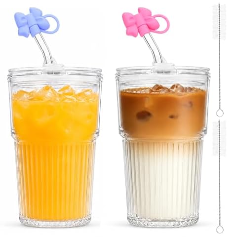 Morocket Szklany kubek 600 ml z pokrywką i słomką, 2 szklanki do kawy