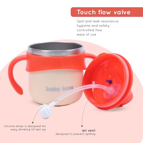 Image of Stainless Steel Insulated Baby Sipper Bottle with Handle - 260 ml | Anti Spill Sippy Cup for Toddlers & Kids | BPA Free Water Bottle (Orange)