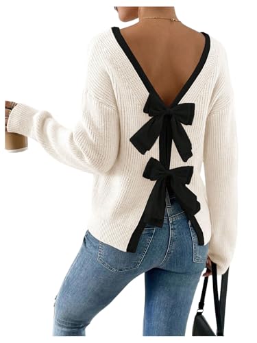 Women's Bowknot Ribbed Knit Sweaters Long Sleeve Crewneck Color Block Dressy Pullover Tops