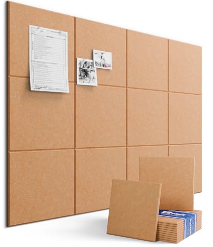 Large Bulletin Board 48" x 36" - 12 Pack Felt Wall Tiles with 60 Pcs Safe Removable Adhesive Tabs & 40 Pcs Pushpins, Cork Board for Office Wall, Home, School - Warm Beige