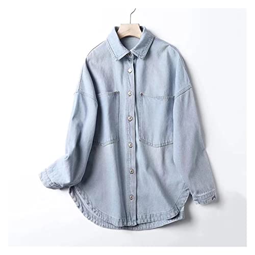 TJLSS Abrigo de Camisa de Mezclilla de Primavera Mujeres de Manga Larga Pocket Cardigan Streetwear Jean Chaqueta Vaquero Outwear Tops (Color : A, Size : S Code)