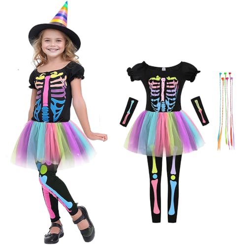 Costume Halloween Bambina Mietitore Scheletro Con Falce E 5 Adesivi Insanguinati, Abito Nero Con Stampe Teschio, Per Ragazze - 2