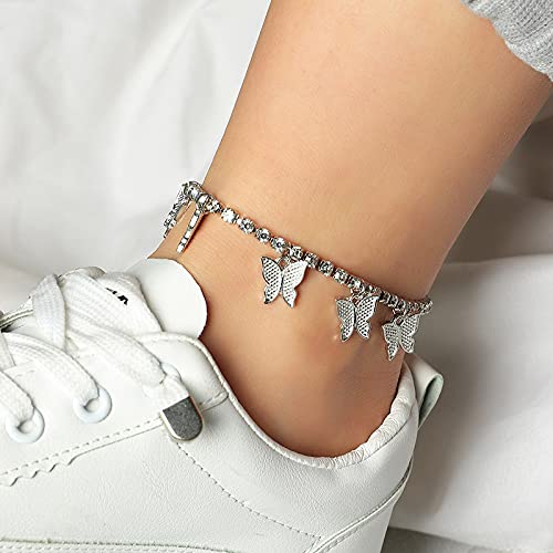 Palotay 4Pcs Anklet For Women Gold Cuban Anklet Set Cuban Link Anklet Layered Cuban Ankle Bracelet Rhinestone Tennis Anklet Charm Butterfly Anklets Cuban Link Summer Jewelry Gifts For Girls-4Pcssilver #TOP2