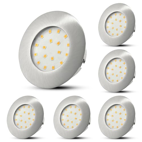 HiBay 6er Set Einbaustrahler LED 5W Flach LED Spots 230V 60mm-68mm Rund Nickel Deckenspots Warmweiß 500LM, Nicht Dimmbar