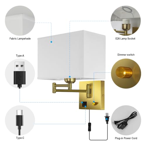 Image of Plug in Swing Arm Wall Sconce, Wall Lights for Living Room | Wall Lamp with USB C+A Charging Ports, Adjustable Swing Arm 270, Adjustable Color Temperature, Wall Mount Lamp for Bedroom