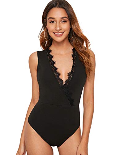 DIDK Women's Cute Deep V Neck Lace Sleeveless Wrap Bodysuit Black L