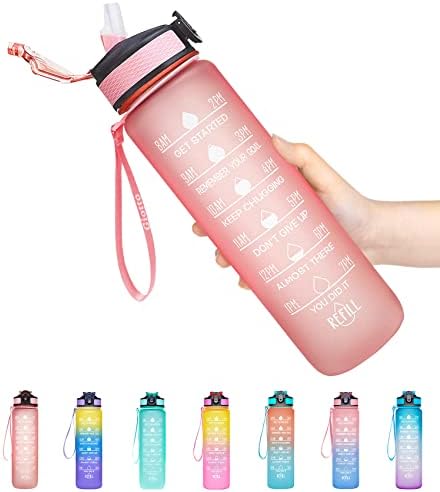 Giotto 32oz Large Leakproof BPA Free Drinking Water Bottle with Time Marker & Straw to Ensure You Drink Enough Water Throughout The Day for Fitness and Outdoor Enthusiasts-Light Pink