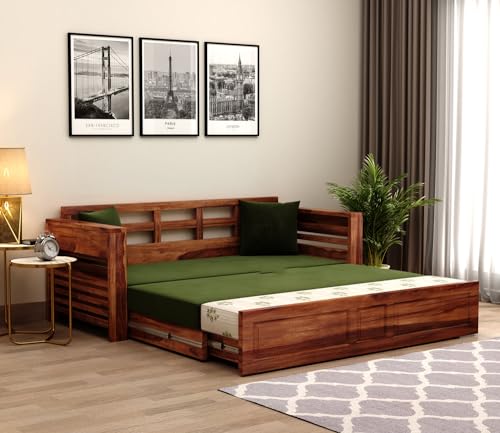 Image of Mamta Furniture Sheesham Wood 3 Seater Sofa Cum Bed | Living Room Convertible Bed | Honey Palm Leaf Stripes Finish | Double Size Bed Frame | Upholstered Headboard