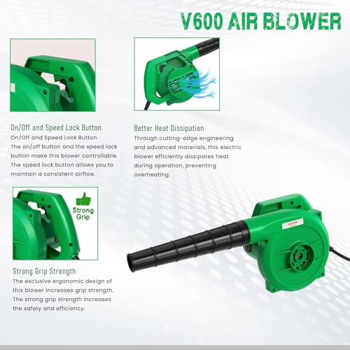Image of AEGON V600 Professional Air Blower 600W with Flow Control, 100% Copper Motor, 16000 RPM, Powerful 4.5 m /min Airflow - for Car, Home, Garden & PC Cleaning - Green