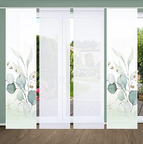 HOME in green 84096 ABANIO Schiebegardine Rec. Polyester, 245x60 cm, halbtransparent, Farbe:grün, Größe:245 x 60 cm, Anzahl:4er-Set (2X Motiv. 2X Uni)