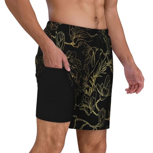 Gold Gloss Outline Floral Funny Men's Swim Trunks Board Shorts Quick Dry-2