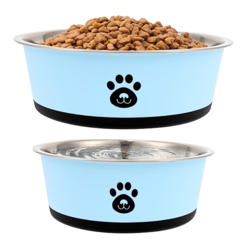 2 Pack Stainless Steel Dog Bowls (860ml & 1560ml) Dog Feeding Bowls with Non Slip Silicone Base, Metal Puppy Plate, Pet Food Feeding Dishes and Water Bowl Set for Small Medium Large Dogs