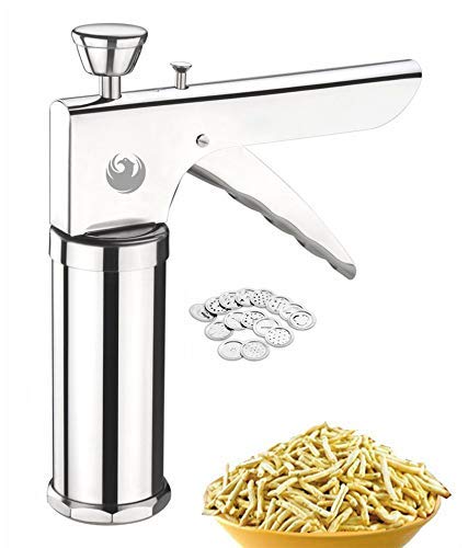 AARNAV Macchina Sev Sancha In Acciaio Inox Con 6 Dischi Utensili Da Cucina Per Namkeen E Snacks Maker, Silver Sev Maker Chakli Murukku Maker, Manuale