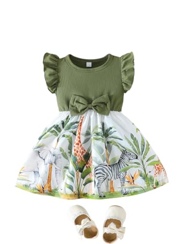Image of Girls Fit & Flare Dress with Bow | Ribbed Short Sleeve Top & Printed Flared Skirt | Butterfly Floral /Jungle Safari Print | Casual Frock for Kids (9M-4Y)(DW-235)