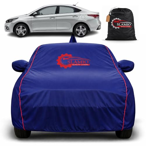 Image of Premium 100% Waterproof Car Cover for Hyundai's Fluidic Verna 2011-2016 | All-Weather, UV & Dust Protection | Heavy-Duty 3-Layer Fabric | Custom Fit with Mirror & Antenna Pockets | Navy Blue