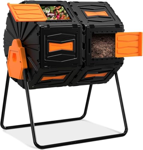 Compost Tumbler, Easy Assemble & Efficient Outdoor Compost Bin, 45 Gallon/170 Liter Large Dual Chamber Rotating Composter for Garden, Kitchen, and Yard Waste, Orange Door