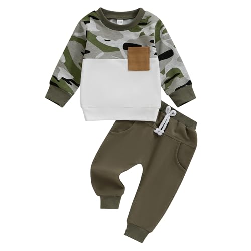 MAHUAOYIXI 2Pcs Toddler Boys Outfits Long Sleeve Camouflage Top Sweatshirts with Elastic Waist Drawstring Pants Tracksuit Set for Baby Boys Clothes (White, 0-6 Months)
