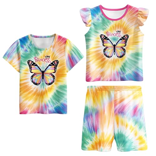 LQSZ 3Pcs Girls Pajamas Set Toddler Kids Short Ruffle Sleeve Sleepwear 3-10Y Pjs Set
