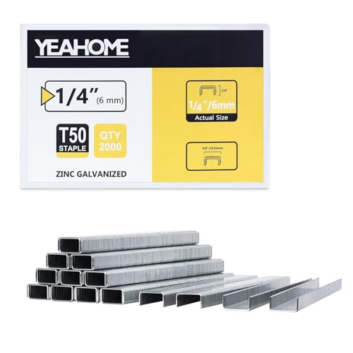 YEAHOME Heavy Duty Staples 2000 Counts 1/4 inch T50 Staples 20 Gauge Galvanized 3/8 Inch Crown Upholstery Staple for Pneumatic Electric T50 Staple Gun