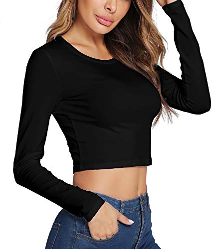 LOVFEE Women's Basic Round Neck Long Sleeve Crop Top Cotton Stretchy Sexy Slim Fitted Shirts(Black/M)
