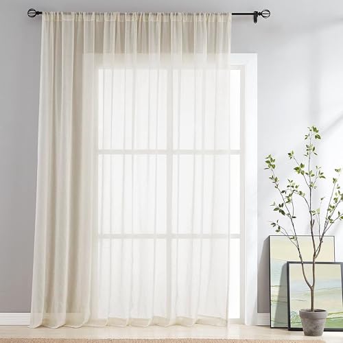 FMFUNCTEX Linen Sheer Sliding Door Curtains for Bedroom, Beige Curtains 84 Inches Long Window...