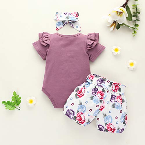 Roupas para meninas pequenas, gola redonda, babados, cor lisa, shorts florais para recém-nascidos ro