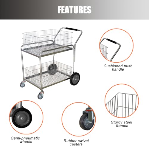 biosp Heavy Duty Steel Wire Mail Cart with Wheels, 250 Lb Rolling 2 Shelf Utility Basket Office File Mobile Durable Cart for Laundry, Shopping, Grocery, Luggage, Office, Kitchen, Restaurant, Silver
