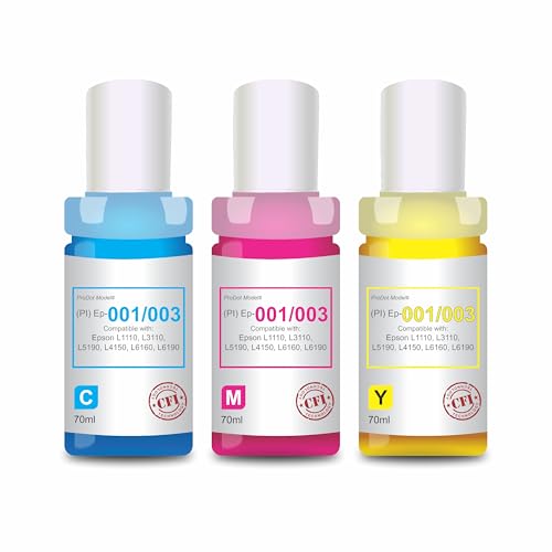 Image of ProDot Ep 001 /003 Inkjet Ink Refill Compatible with Epson L1110, L1455, L3100, L3101, L3110, L3150, L4150, L4160, L5190, L6160, L6170, L6190 Ink Tank Printers (70 ml, C /M /Y)
