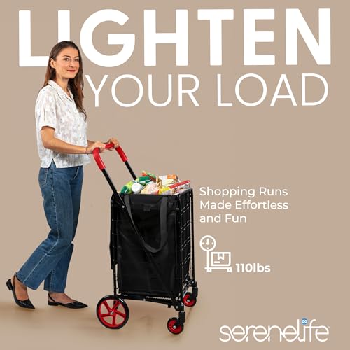 Image of SereneLife Folding Shopping Cart, Heavy Duty, Portable Grocery Trolley Red