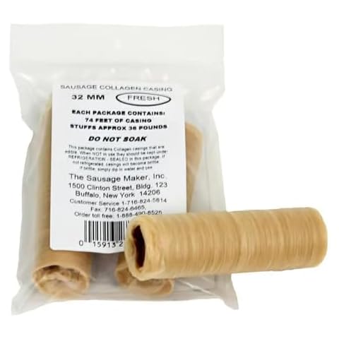 The Sausage Maker® 32mm Fresh Collagen Casings For Sausage Making, Edible, Clear, Beef Collagen Sticks, 1.25” Diameter Bratwurst, Pepperoni, Italian Sausage, 74 Feet Sausage Skin, Stuff 36 Lbs Meat Cover