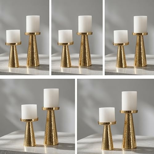 Image of Behoma Handcrafted Hammered Gold Metal Pillar Candle Holders Pack of 5 Sets | Decorative Candle Stand Set for Modern Centerpiece for Home Decor, Dining Table, Wedding, Diwali & Housewarming Gifts | Golden leaf-shape metal tray, small size; perfect for mandap, haldi, mehendi & Navratri decor.