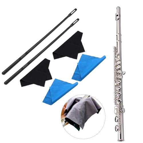 ROYALEAD Flute Cleaning Kit - 2 Rods + 4 Cloths - Black - Plastic & Fabric - C Instrument Key - Polished Finish