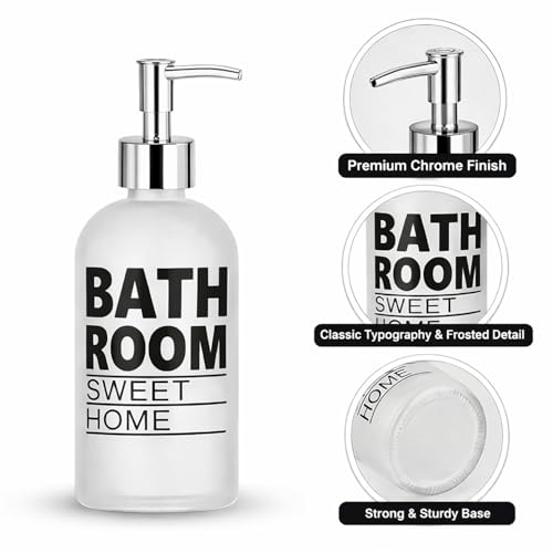 Image of Luxe Home International Bathroom Sweet Home Print Glass Soap Dispenser for Bathroom and Kitchen Sink Leak Proof Liquid Hand Wash Round Bottle Lightweight Smooth Finish (19.5x7.5 cm White) Pack of 1