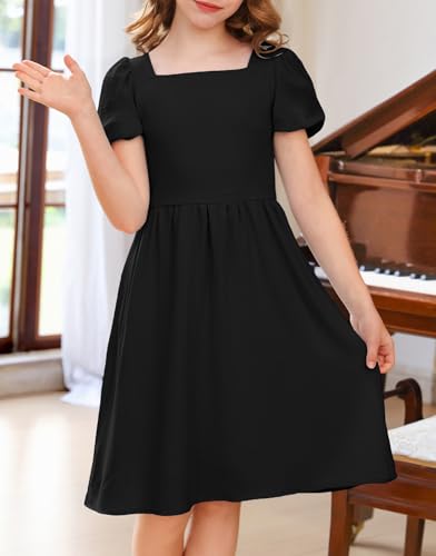 YOVION Girls Summer Dress Square Neck Puff Sleeve Smocked Tie Back A-Line Casual Dress with Pockets for 6-12 Y Black — view 2