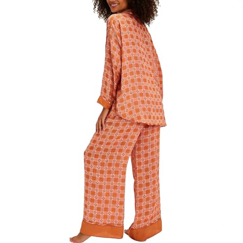 Image of Women Satin Pajama Set Floral Silk Pajamas 2 Piece Lounge Sets Button Down Shirts Wide Leg Pants Pjs Sleepwear