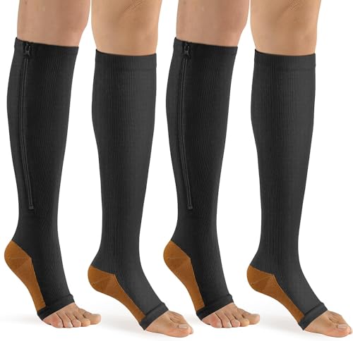 Image of bropite Zipper Compression Socks Women & Men - 2Pairs Calf Knee High 15-20mmHg Open Toe Compression Stocking suit for Walking