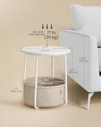 Image of VASAGLE LILEA Collection - Small Round Side End Table, Modern Nightstand with Fabric Basket, for Living Room, Bedroom, Set of 2, Matte White and Camel Brown ULET225WG01S