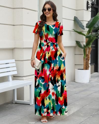 Image of COSSEN Women's Crew Neck Short Sleeve Maxi Dress with Pockets Casual Loose Swing for Wedding Guest Beach Vacation