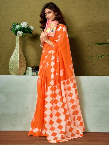 Image of Satrani Women's Chanderi Cotton Printed Ready To Wear One Minute Pre Pleated Readymade Saree with Unstitched Blouse Piece