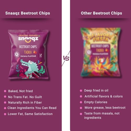Image of Snaaqz Beetroot Chips Tadka Masala Flavour | Crunchy Vegetable Chips | Palm Oil Free Snack | Ready-to-Eat Healthy Snack for Kids & Adults (Pack of 4 x 70g)